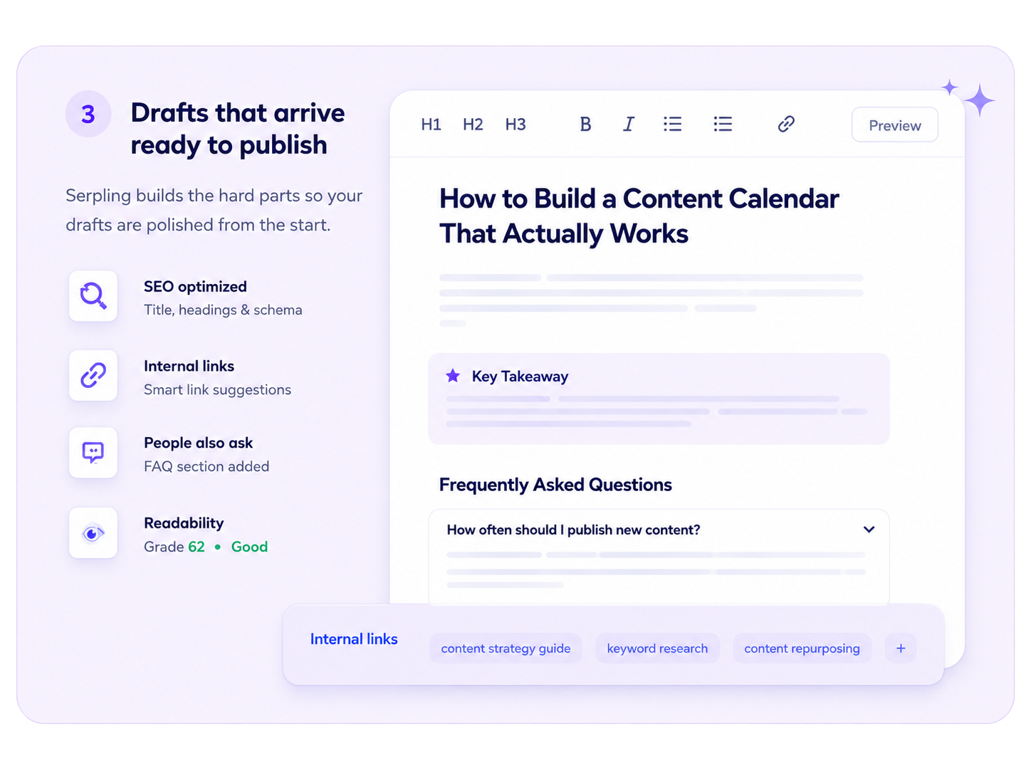 AI draft editor with SEO optimization, internal links and an FAQ section